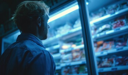 Man browsing frozen food aisle under blue lighting
