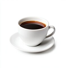 A white ceramic coffee cup filled with dark coffee, sitting on a saucer, isolated on white
