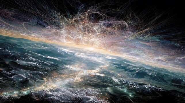cosmic loom spanning the entire scene, godlike weaver made of interlaced glowing fibers, weaving the tapestry of life, cinematic and mystical wide shot 