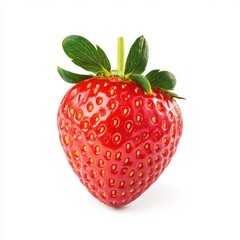 Single, vibrant red strawberry, whole, with green leaves at the top, against a pure white background