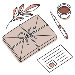 Beige Envelope with Cord and Postcard on Desk with Coffee and Pen