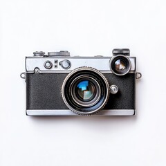 Vintage camera, top-down view,  silver and black body,  large lens,  on white background