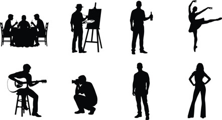 Silhouettes of people in various creative and leisure activities including painting, dancing, photography, music, dining, modeling, and drinking.