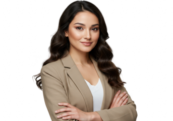 Confident young businesswoman with arms crossed, isolated on transparent background