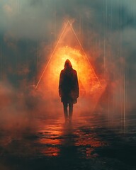 Cloaked Figure Before Fiery Triangle in Fog