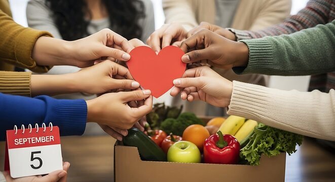 Diverse community hands holding a red heart over a food donation box, symbolizing love and support on the International Day of Charity