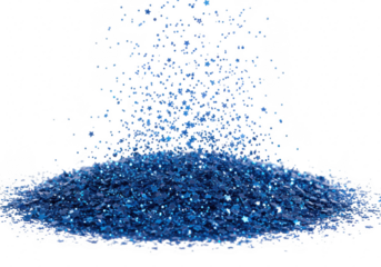 Pile of blue glitter falling and scattering, isolated on transparent background
