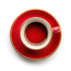 Red espresso cup and saucer, empty, top view