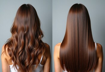 Fototapeta premium Before and after hair treatment photo of the back view of a woman with long, brown, hair. The left side shows her frizzy while the right side has smooth, shiny hair. Grey background
