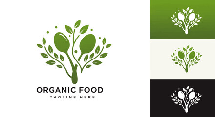 Organic food logo design featuring intertwined spoons forming a tree with leaves, symbolizing natural and healthy eating.
