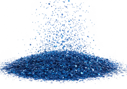 Pile of blue glitter falling and scattering, isolated on transparent background