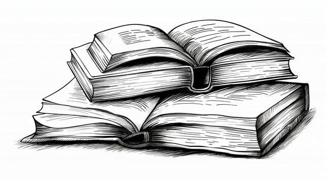 Stack of open and closed vintage books drawn in black and white sketch style, concept of knowledge, education, and literature. Isolated on transparent background, PNG