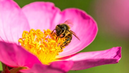 Bee pollinating pink flower close-up