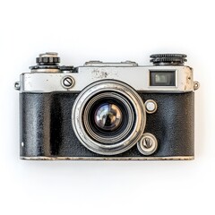 Vintage camera, top-down view, showing silver and black elements