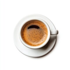 Fototapeta premium Overhead view of a white ceramic coffee cup and saucer filled with espresso