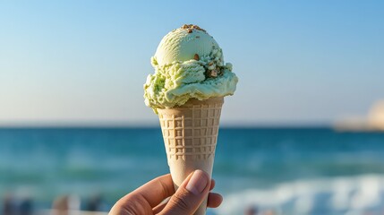 A hand holding a light green ice cream cone with nuts in front of a blurry beach and ocean background