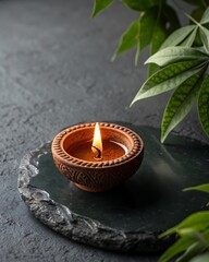 Tranquil clay diya with a warm flame casts a serene glow, evoking peace and spiritual reflection amidst lush green foliage and a dark, textured backdrop