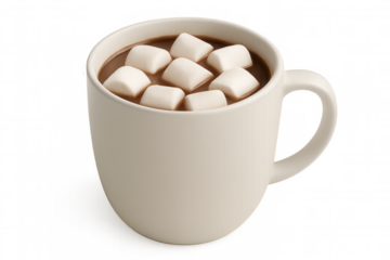 3d rendering of a white mug containing hot chocolate with marshmallows, isolated on a transparent background