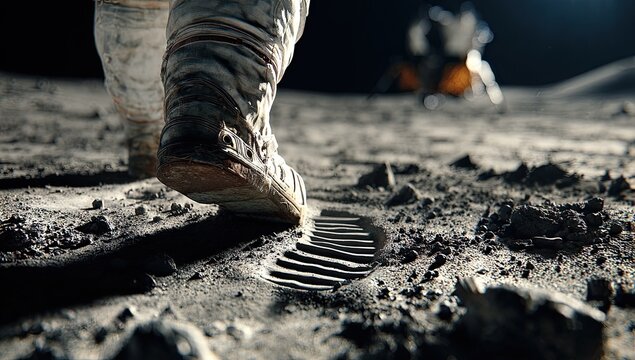 Close-up of astronaut's feet in spacesuit walking on lunar surface