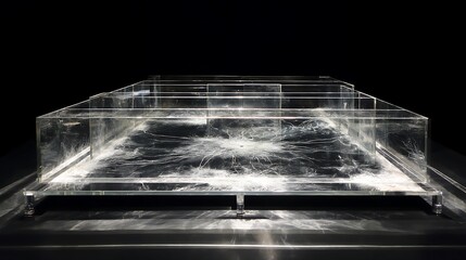 a twisting labyrinth of translucent glass, floating in black emptiness, reflecting fragmented thoughts, minimalist and elegant, symbolic of the subconscious mind, 