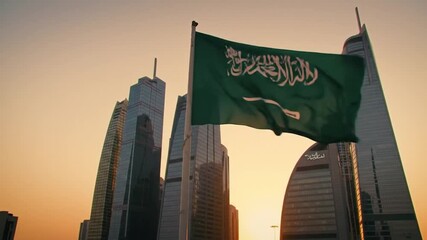 Saudi Arabia Flag Waving Against Modern Cityscape at Sunset. - Powered by Adobe