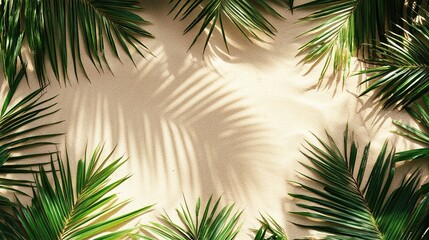 Obraz premium Many fresh coconut leaves forming a frame on soft beach sand, top-down minimal natural layout