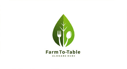 Farm-to-table restaurant logo featuring a stylized leaf with fork and spoon.