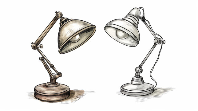 Vintage industrial desk lamp illustration with adjustable arms and metal shade in hand-drawn sketch style. Isolated on transparent background, PNG. - Powered by Adobe
