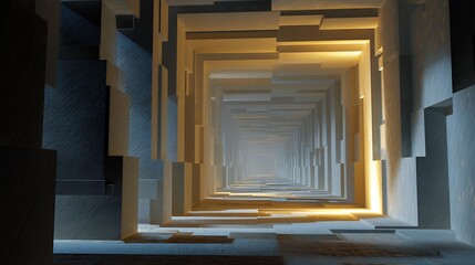 surreal abstract tunnel with shifting walls and rotating patterns, light at the end, mind-bending perspective, symbolic of inner awakening through confusion, 