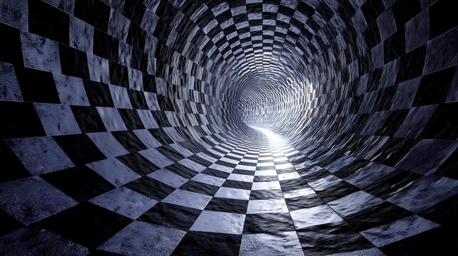 surreal abstract tunnel with shifting walls and rotating patterns, light at the end, mind-bending perspective, symbolic of inner awakening through confusion, 
