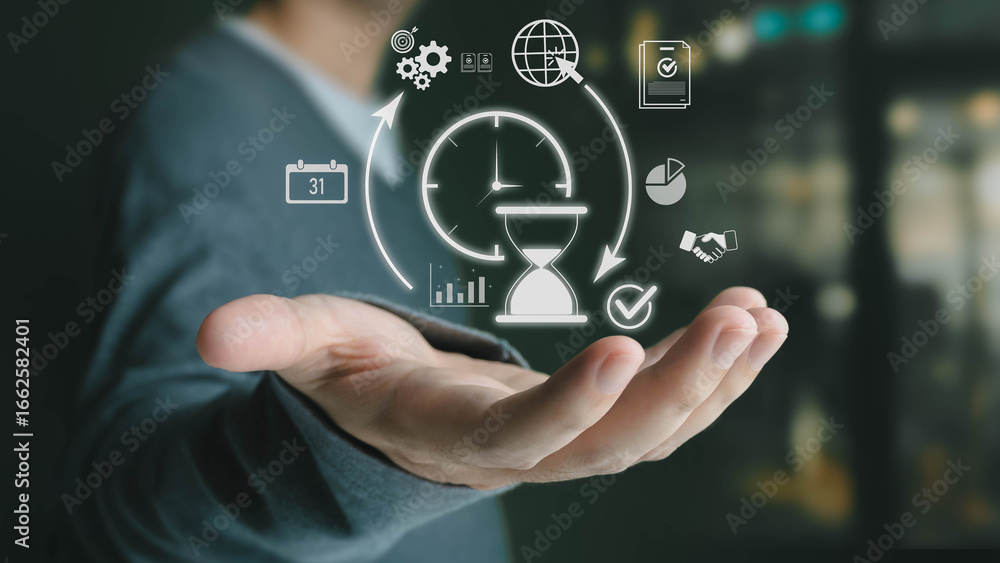 Aufkleber a businessman in a suit holds out his hand, displaying a glowing hologram of time management and pro