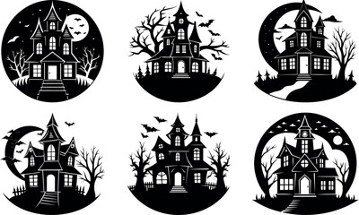 Spooky Haunted House Silhouette Collection for Halloween Decorations and Designs