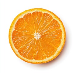 A vibrant orange slice, perfectly circular, sits centered against a pure white background.  The segments radiate outward from the core, displaying a rich, citrus-hued interior