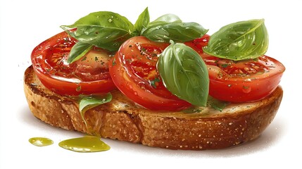 Bruschetta toast topped w/ tomatoes and basil leaves, glistening with oil