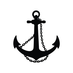 A silhouetted vintage anchor with a detailed chain on a white background, anchor with chain isolated silhouette vector illustration