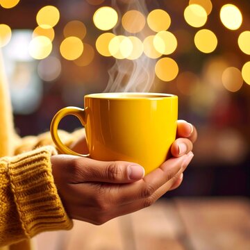 Warm yellow mug, steaming hot drink