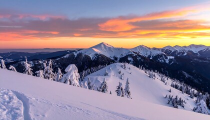 Snowy mountain peaks at sunset