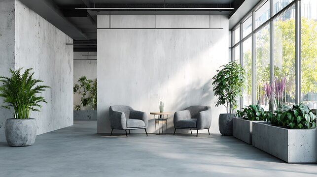 Modern Interior Design with Armchairs and Plants in Concrete Space