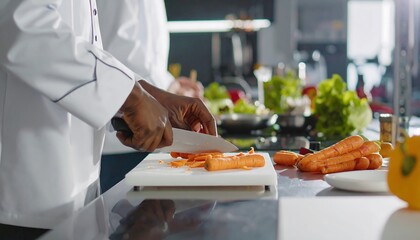 Chefs prepping carrots in kitchen