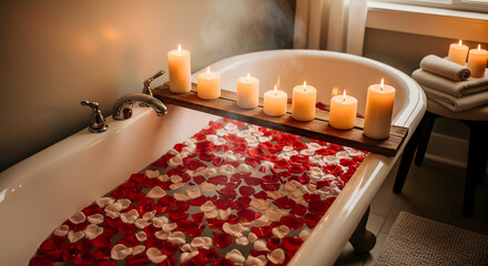 Bathtub filled with rose petals and lit candles on a wooden plank for a relaxing bath