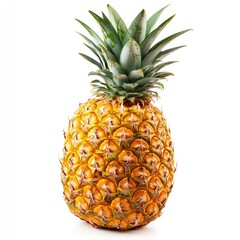 Single pineapple, bright yellow, with a crown of light green leaves, against a white background