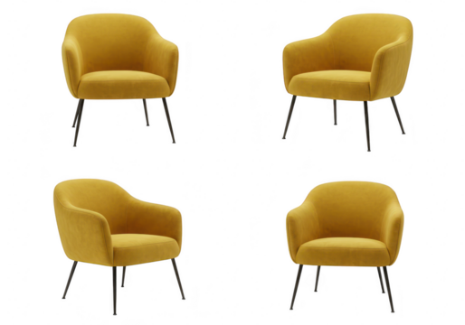 Four yellow velvet armchairs with modern design and black metal legs, isolated on transparent background