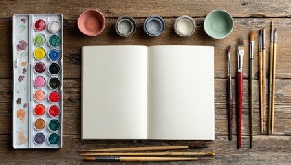 Open blank sketchbook, watercolor paints, and brushes on a rustic wooden table