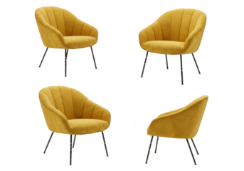 A set of four yellow velvet armchairs isolated on transparent background, showcasing modern design and comfortable seating for interior decor