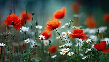 Obraz premium Vibrant red poppies and white daisies in a field (1)