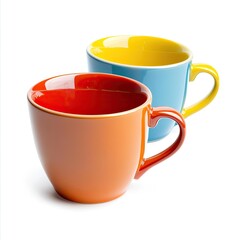 Two colorful mugs, orange and blue-yellow, side-by-side,  on a white background