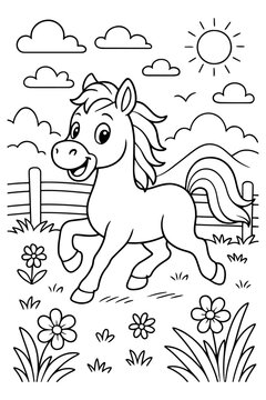 Coloring page of horse for kids coloring book