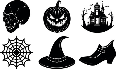 Halloween Silhouette Icons Set with Skull Pumpkin Haunted House and Witch Elements
