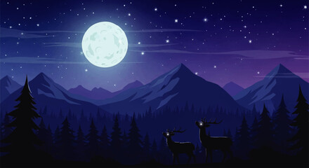 Serene moonlit landscape featuring majestic mountains, a tranquil forest, and two deer silhouetted against the night.