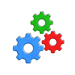 Colorful Gears with Crumpled Paper Texture – Red, Green, and Blue Settings Icons on Transparent Background. Related to Technology, Teamwork, Mechanics, Engineering, Software Settings
